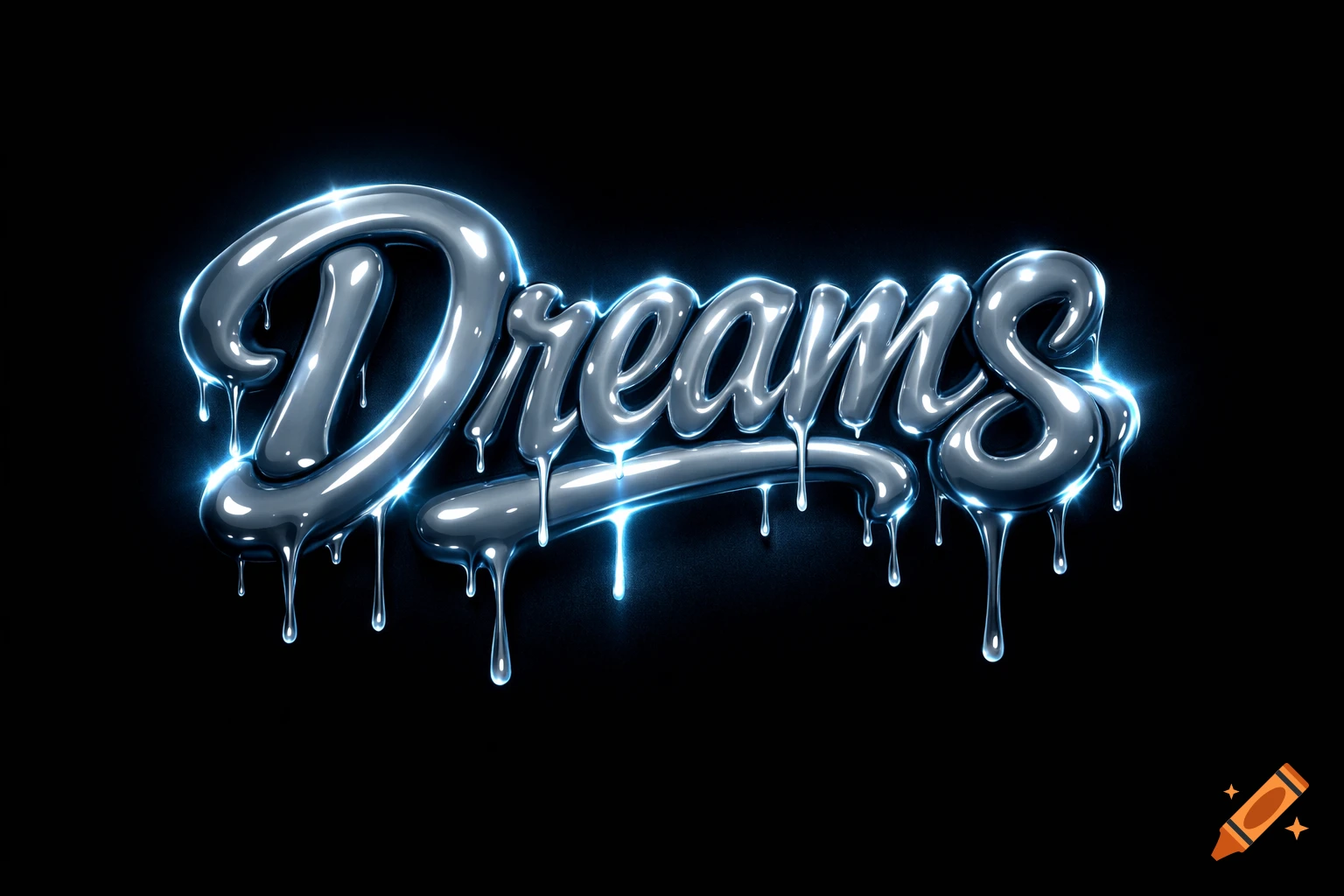 Glossy, metallic 3D lettering of the word 'Dreams' with a dripping effect and blue neon glow on a black background.
