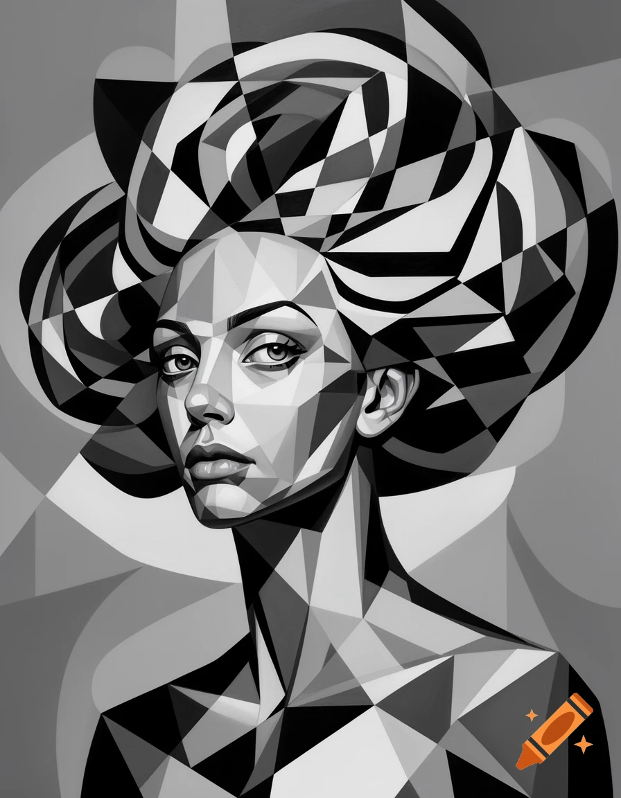 Black and white cubist portrait of a woman with voluminous, geometric hair.