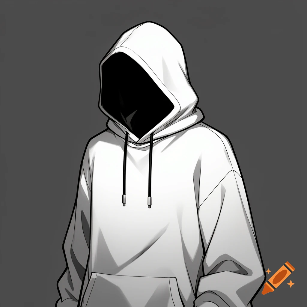 Monochrome anime drawing of a person in a white hoodie with a black shadow covering their face.