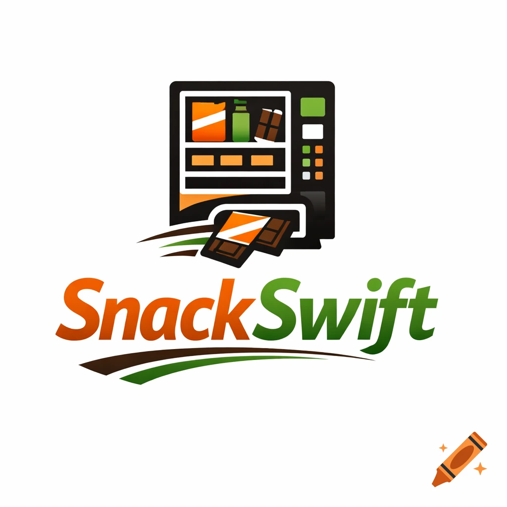 A logo featuring a vending machine dispensing snacks, with the name "SnackSwift" in orange and green text below it, on a white background.
