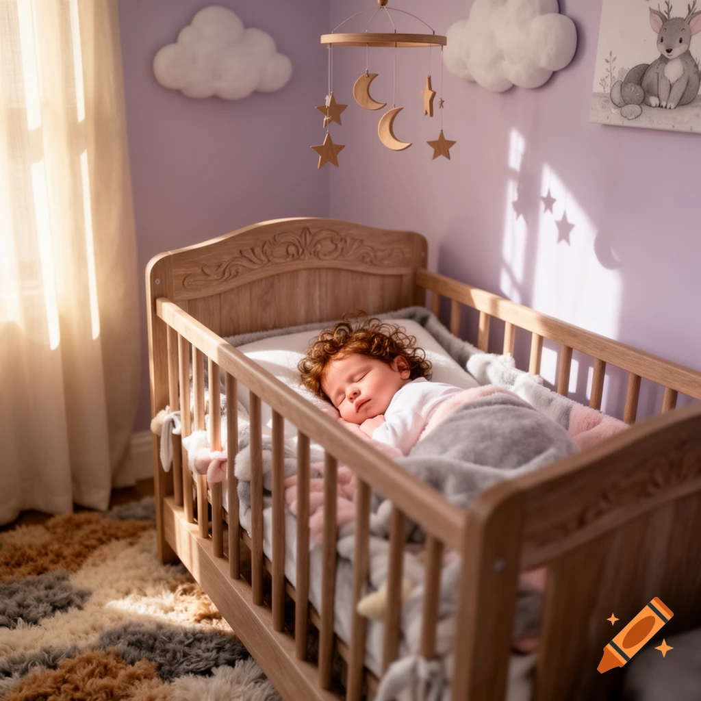 A peaceful, photorealistic image of a baby with curly red hair sleeping in a wooden crib in a sunlit nursery.