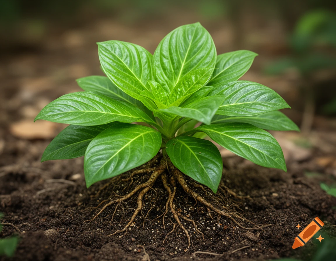 A young green plant with many vibrant leaves growing out of rich dark soil, its intricate root system exposed.
