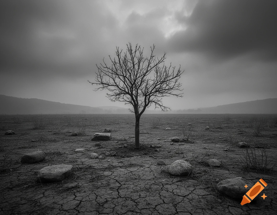 A lone, bare tree stands in a cracked, barren field under a dark, cloudy sky, in a monochrome photograph.