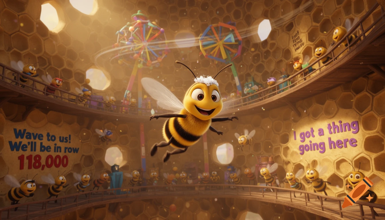 A cartoon bee with a happy expression flies in a honeycombed hive filled with other bees and amusement park rides, with text on the walls.