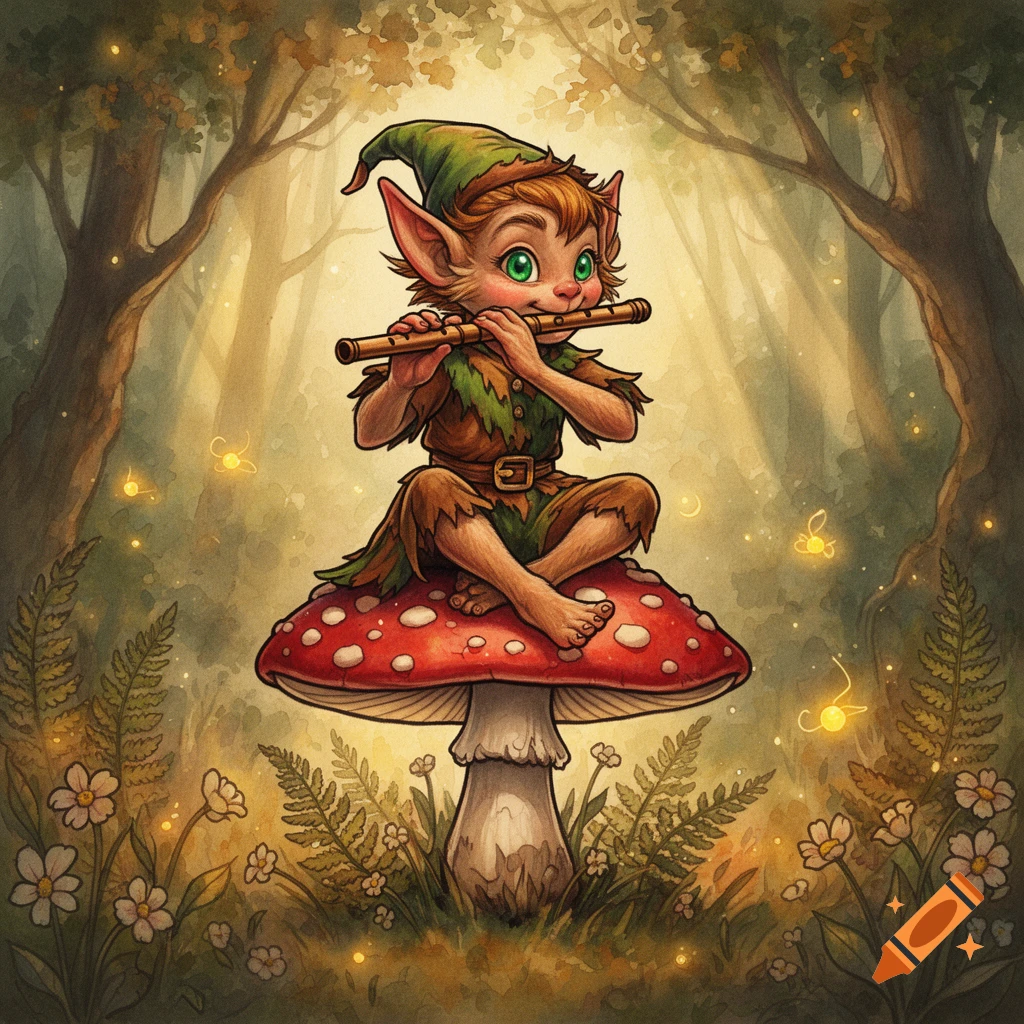A cute, stylized fantasy elf with green eyes and a hat plays a flute ...