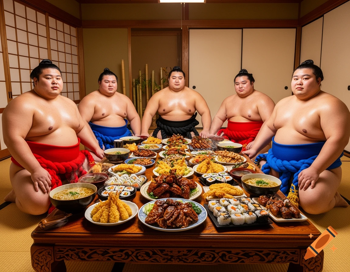 Five photorealistic sumo wrestlers sit around a large table overflowing with various Japanese dishes in a traditional room.
