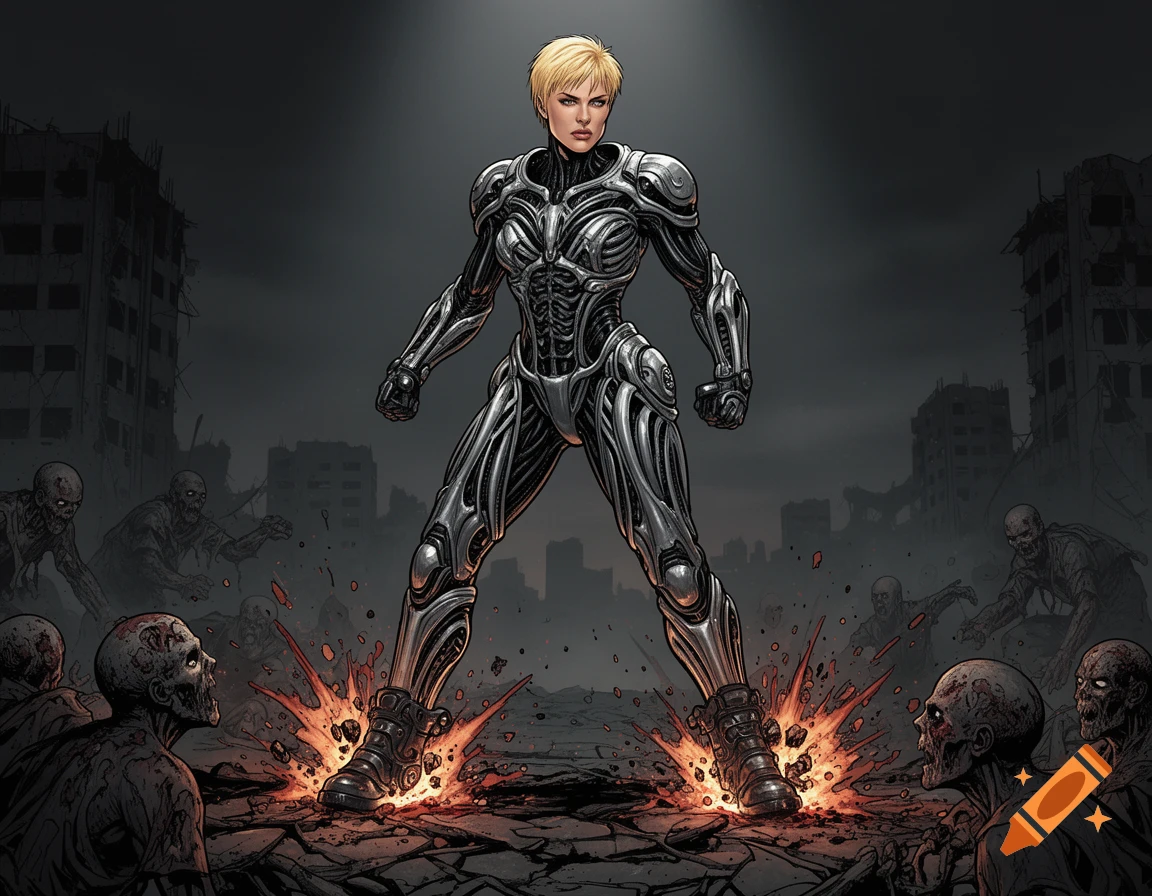 A blonde woman in bio-mechanical armor stands over defeated zombies in a ruined city, comic book art style.