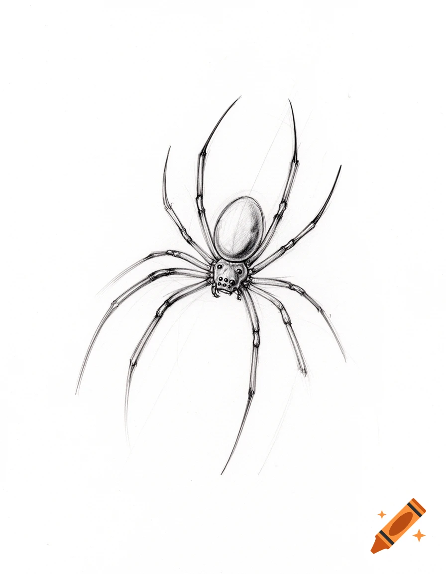 A detailed black and white sketch of a spider with an oval body, long pointy legs, and many small eyes.