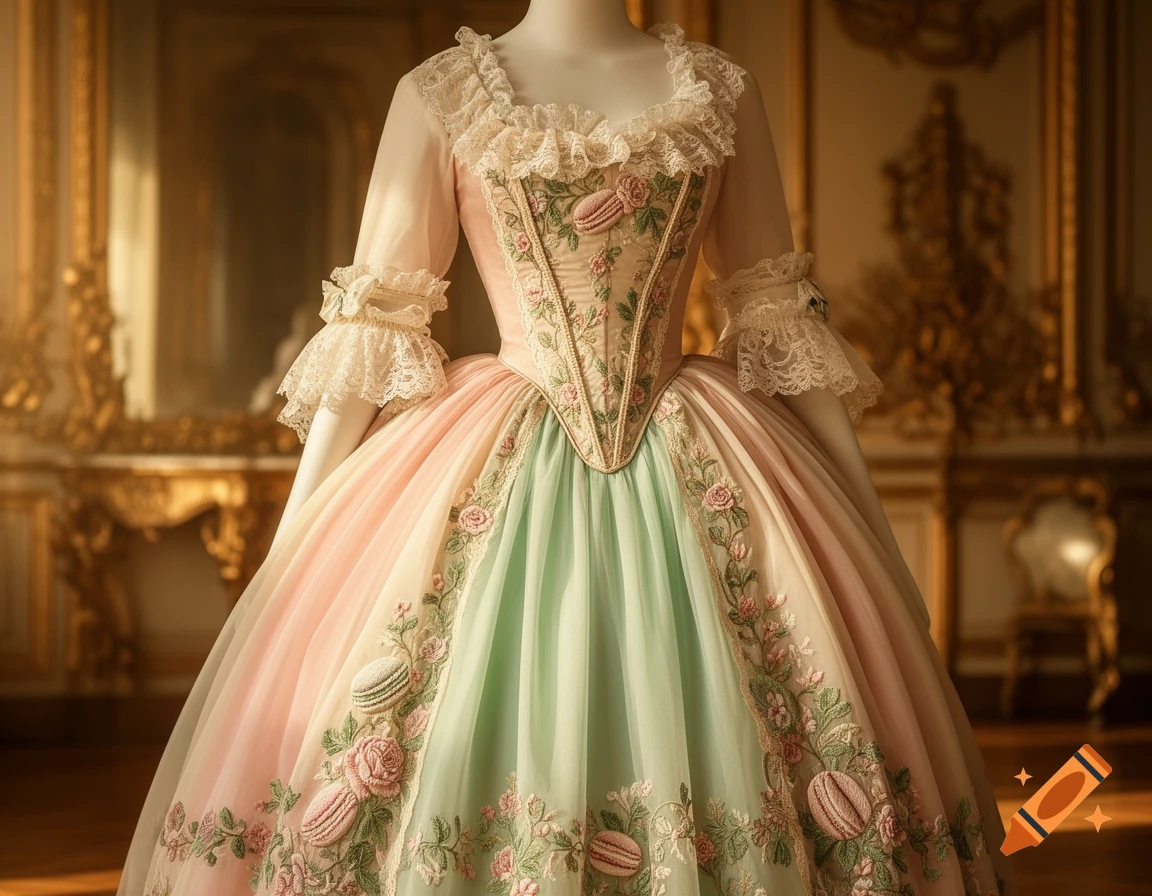 A rococo-style ball gown in pastel pink and green, adorned with lace, floral embroidery, and macaron motifs, displayed on a mannequin in a grand hall.