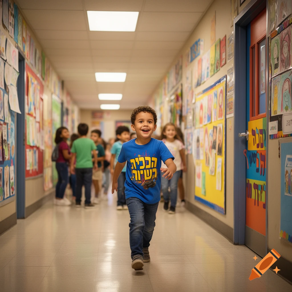 A smiling boy in a blue t-shirt runs down a school hallway filled with children and colorful artwork on the walls.