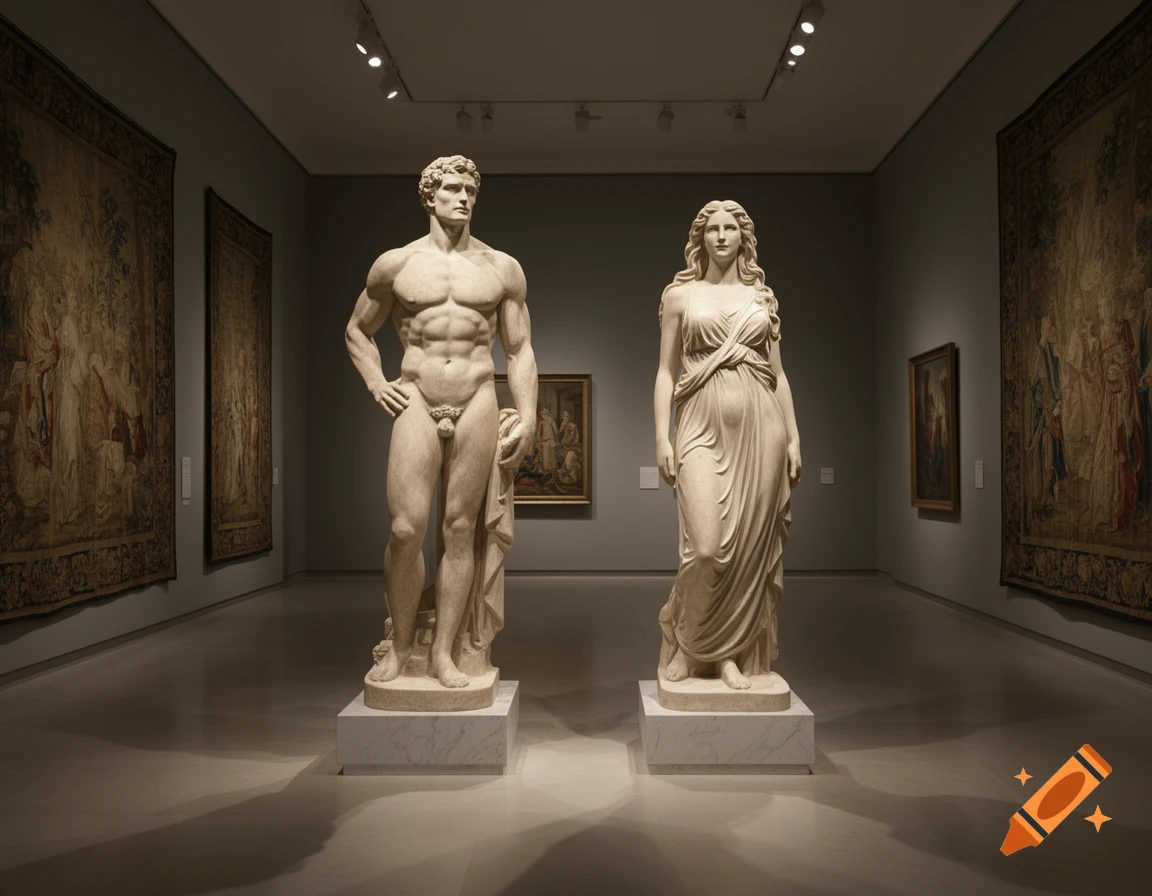 Classical marble sculptures of a nude man and a draped woman on display in a museum with tapestries and paintings.