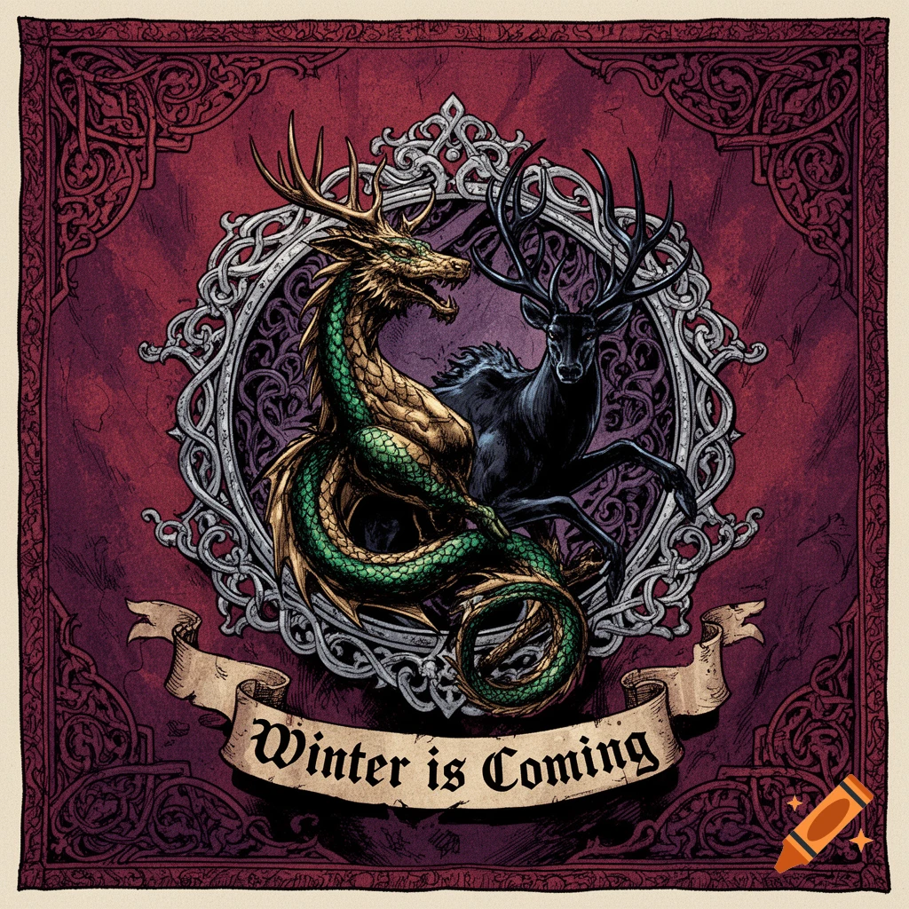 A medieval crest features a green and gold dragon and a black stag within an ornate silver frame, with "Winter is Coming" on a banner below, all on a red, patterned background.