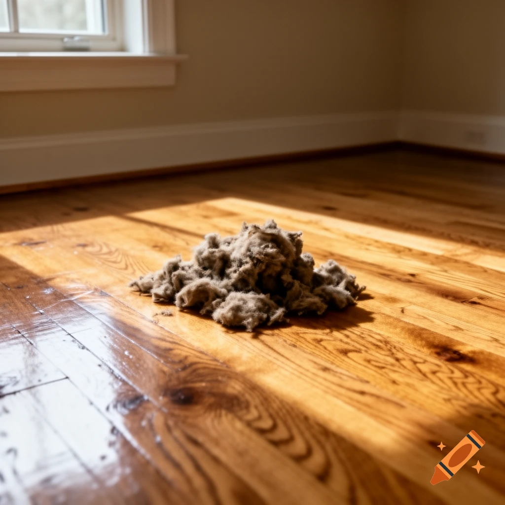 A photorealistic image of a pile of dust bunnies on a sunlit, glossy wooden floor in an empty room.