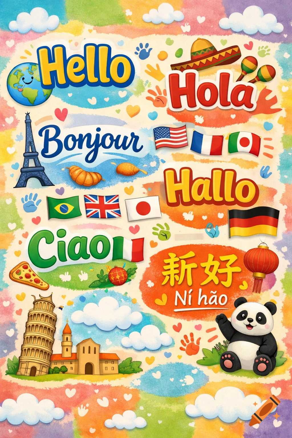A colorful cartoon chart featuring greetings in various languages like "Hello" and "Hola," accompanied by world flags, famous landmarks, and a waving panda.