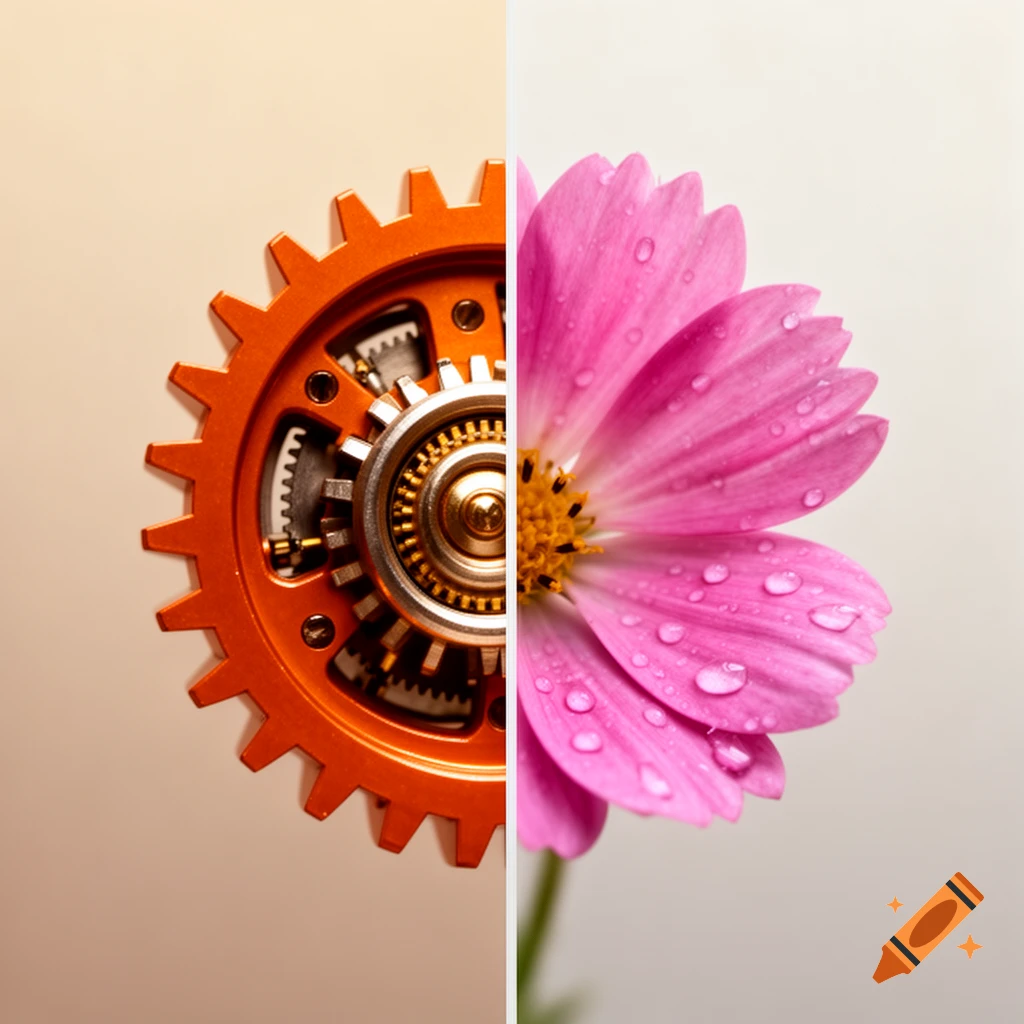 A split image of an orange gear on the left and a pink flower with water droplets on the right.