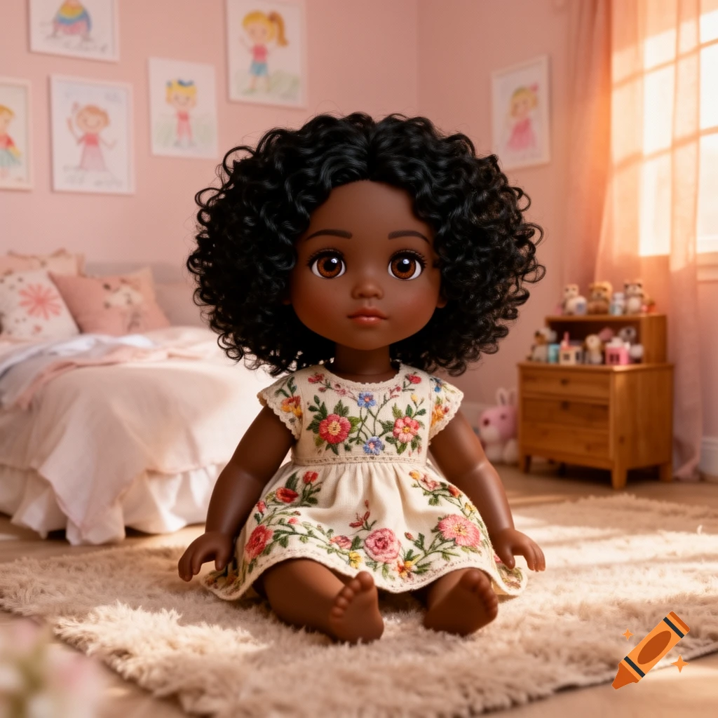 A beautiful dark-skinned doll with curly hair sits on a fuzzy rug in a pink bedroom, wearing a white floral embroidered dress.