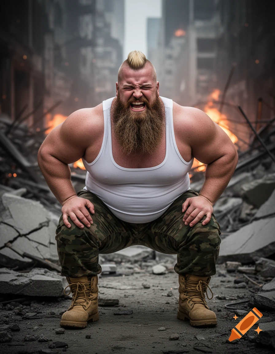 A heavily muscled man with a mohawk and beard, wearing a white tank top and camo pants, squats in pain in a destroyed city with fires. Photorealistic.