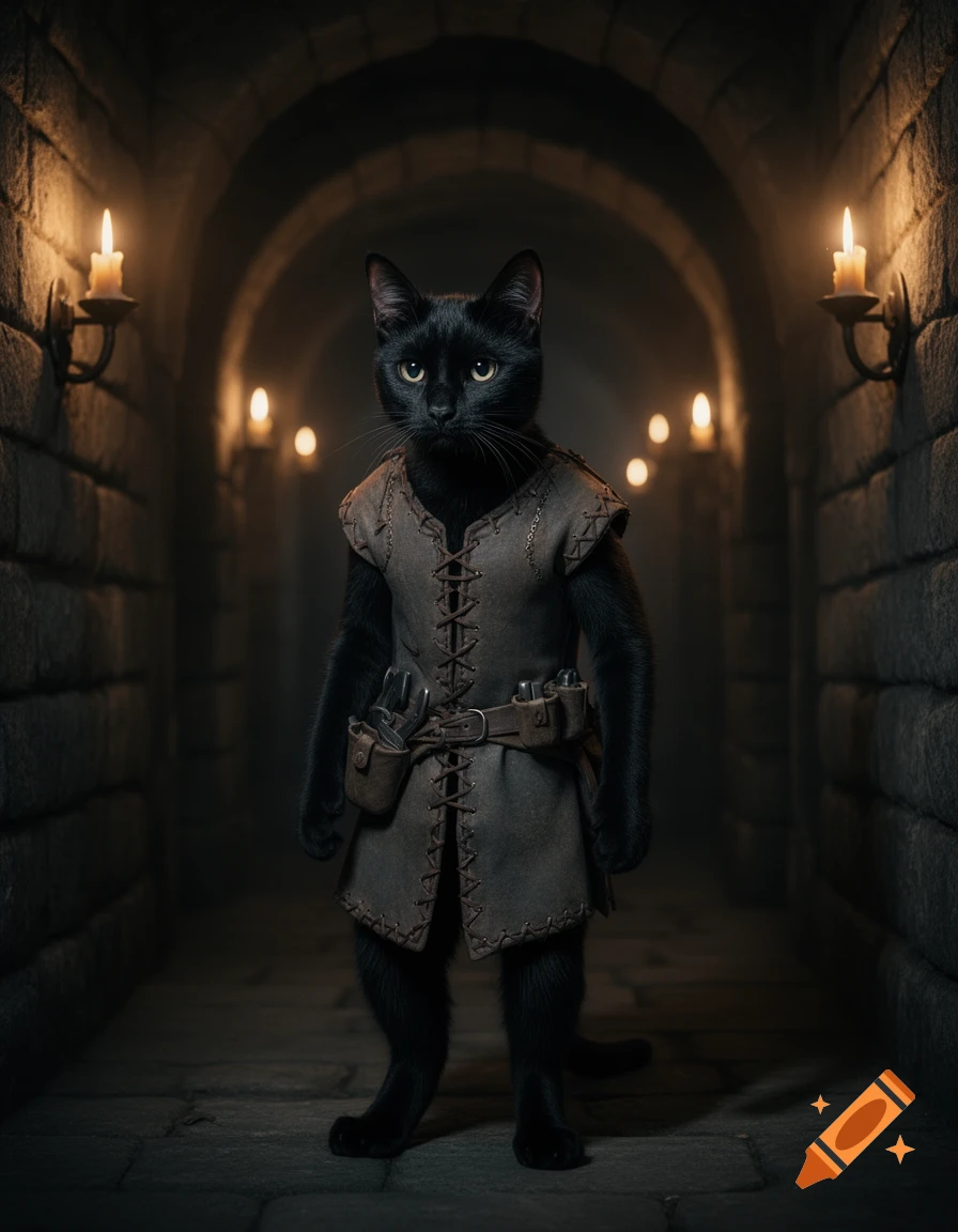 A black cat dressed as a rogue in a dark stone dungeon lit by candles.