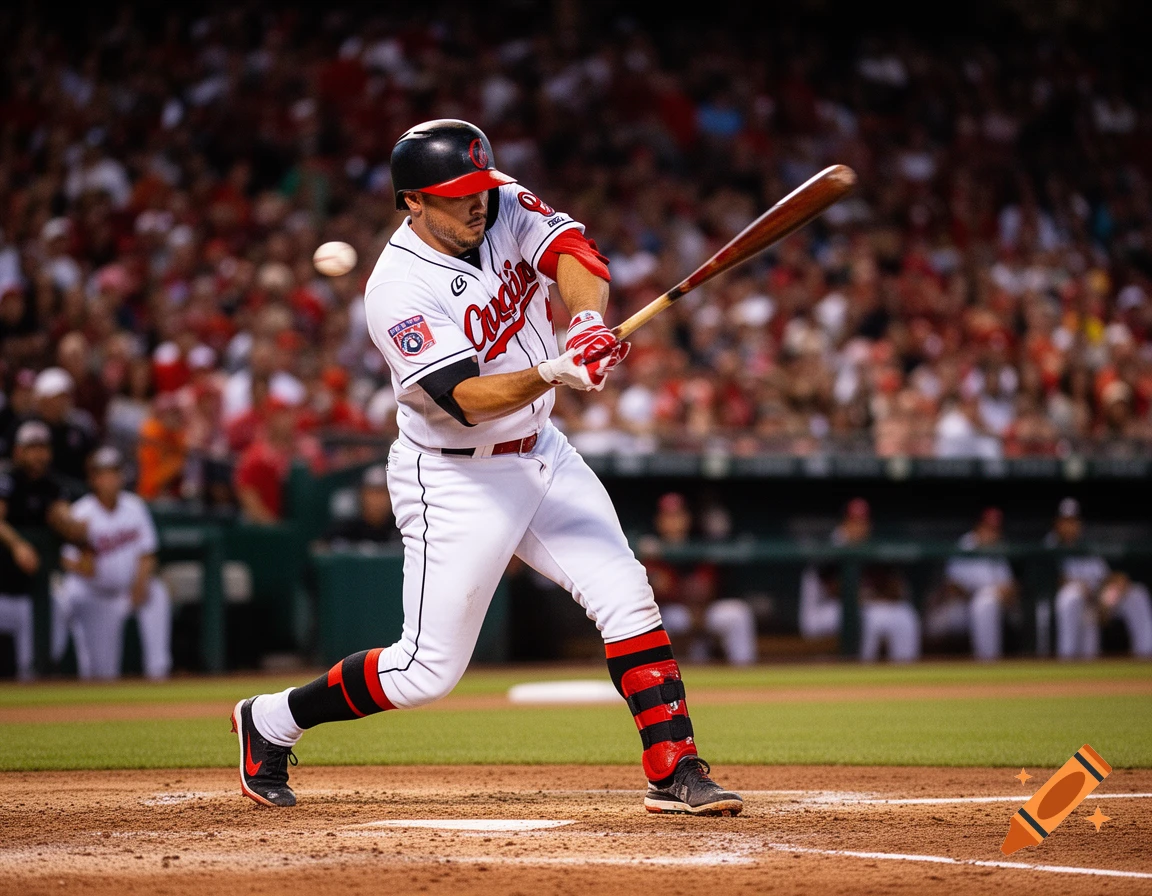 Male baseball player in a white and red uniform swinging a bat at a baseball on a field with a blurred crowd.