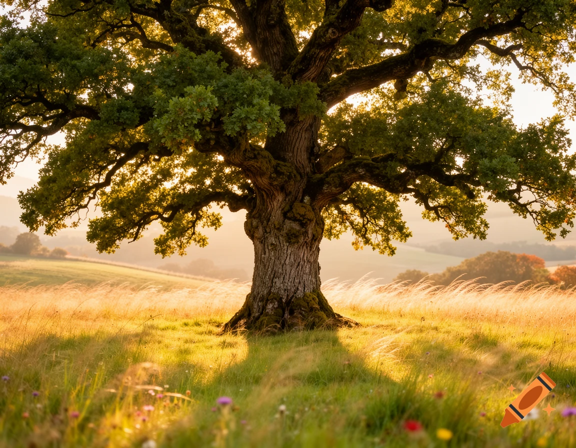 A majestic oak tree stands in a sun-drenched golden field with rolling hills in the distance at sunset.