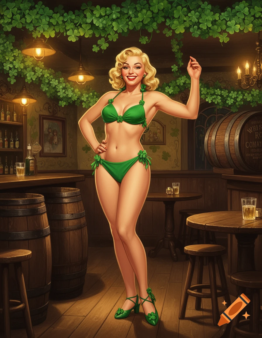 A blonde woman in a green retro bikini and shamrock shoes smiles in a festive Irish pub, pin-up illustration style.