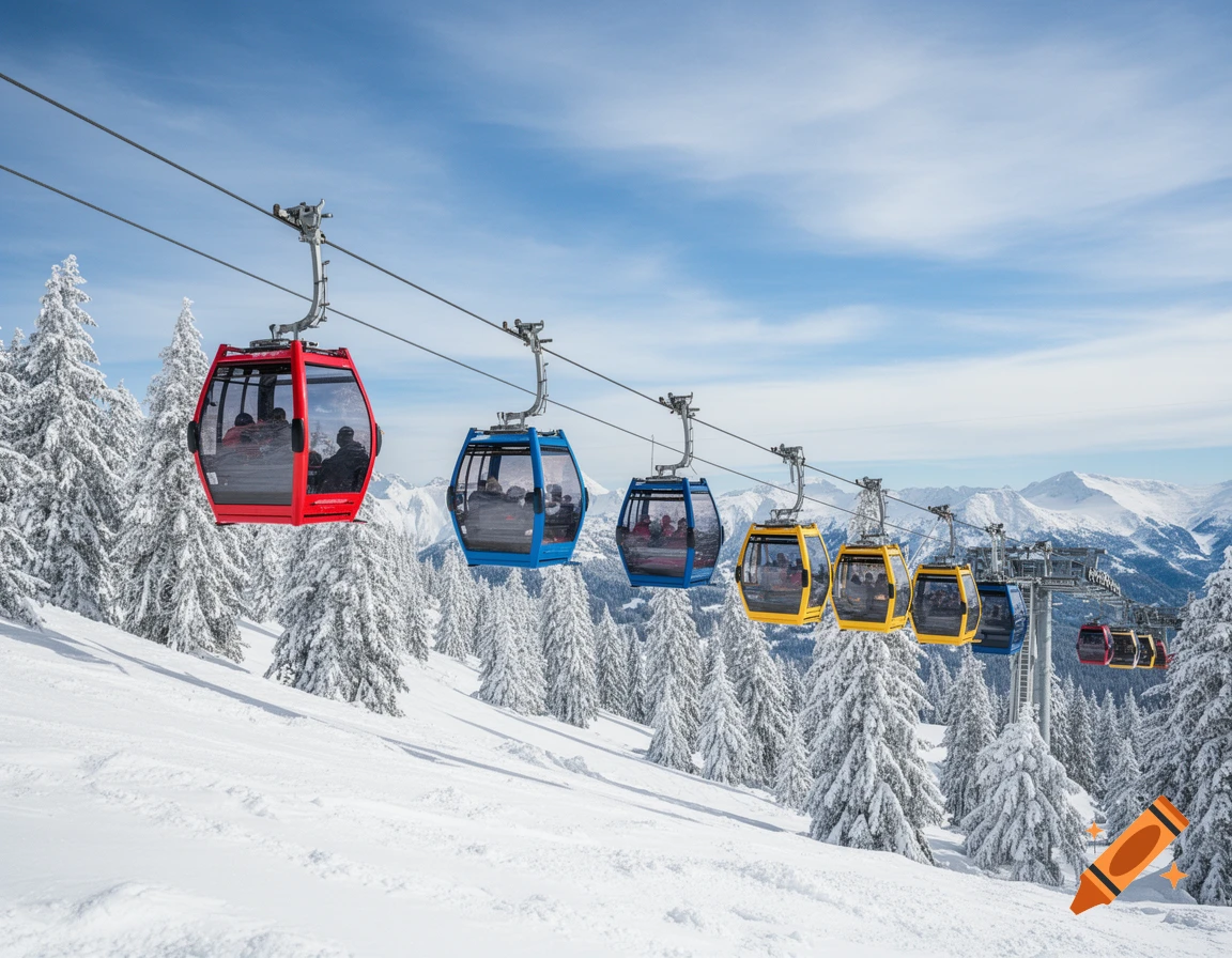 Colorful gondola cabins ascend a snowy mountain slope with snow-covered pine trees and distant peaks under a blue sky.