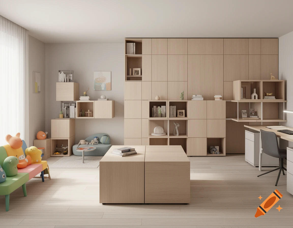 Modern, light-filled room with modular wooden shelving units, a home office desk, and a colorful sofa with plush toys.