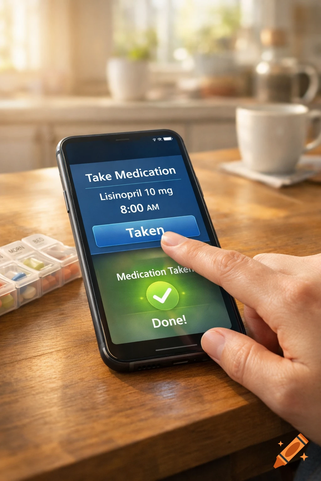 A hand taps a smartphone screen, marking "Lisinopril 10 mg" as "Taken" on a medication reminder app next to a pill organizer.