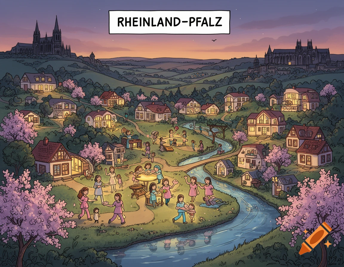 Cartoon illustration of a vibrant village in Rheinland-Pfalz at dusk, with houses, a river, people, and cathedrals.