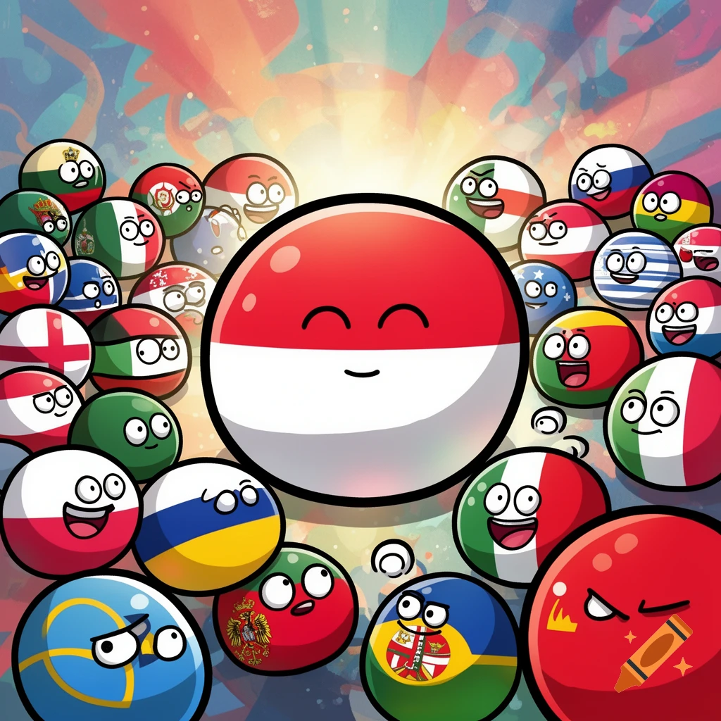 A large, happy Polandball with a red and white flag design is centered, surrounded by many smaller countryballs, each with different flag patterns and cartoon expressions, set against a bright, colorful background in a vibrant cartoon style.