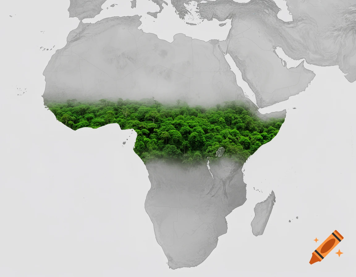 Map of Africa showing the tropical rainforest in vibrant green along the equator, with the rest of the continent in light gray.