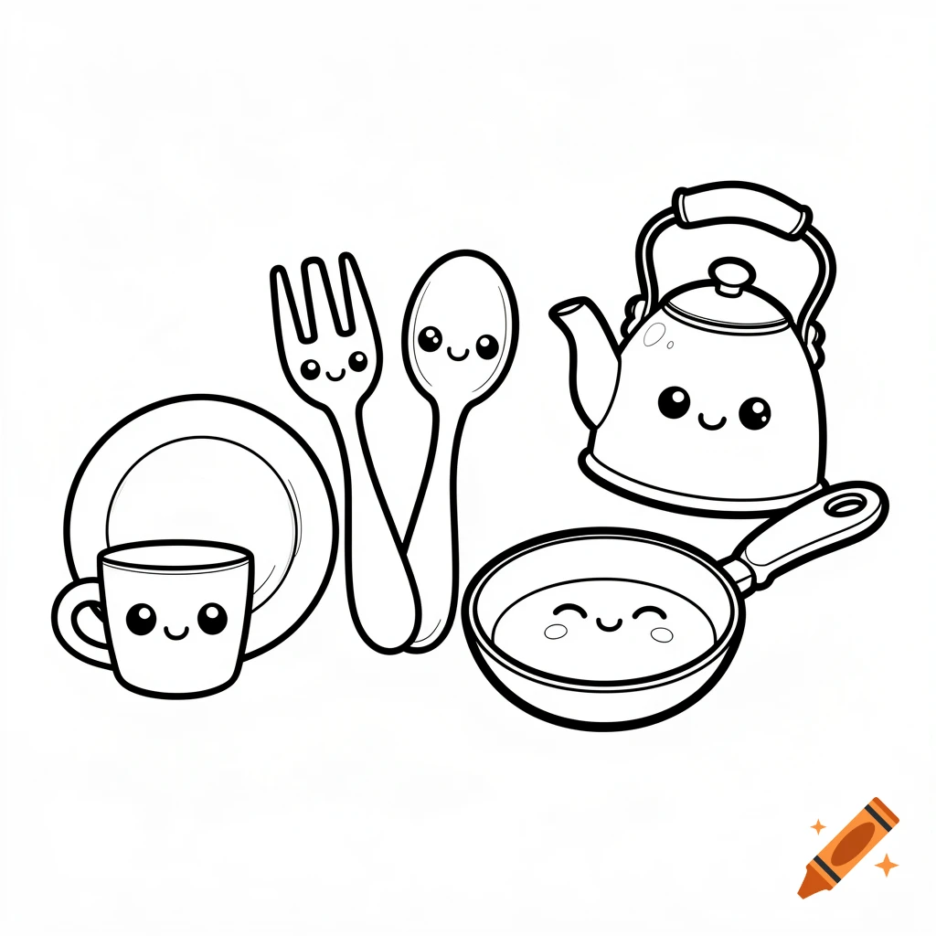 Black and white line art coloring page of cute kitchen utensils with faces: a cup, plate, fork, spoon, kettle, and frying pan.