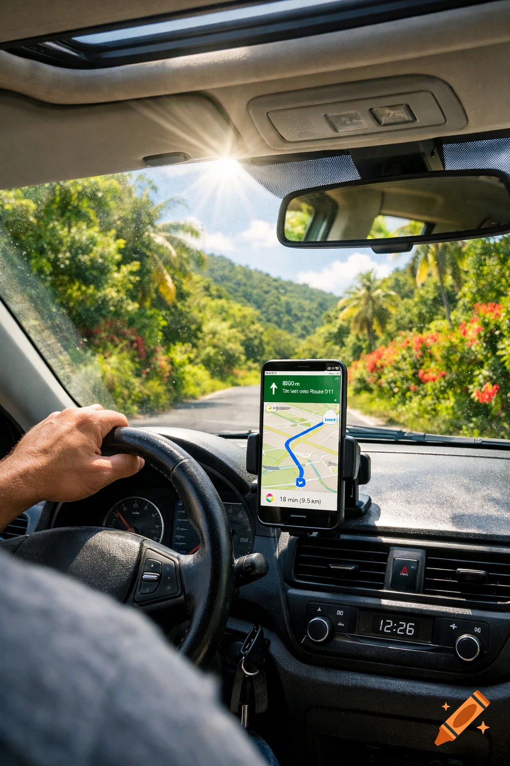 Photorealistic shot from inside a car of a person driving on a tropical island road, using a smartphone with GPS navigation.