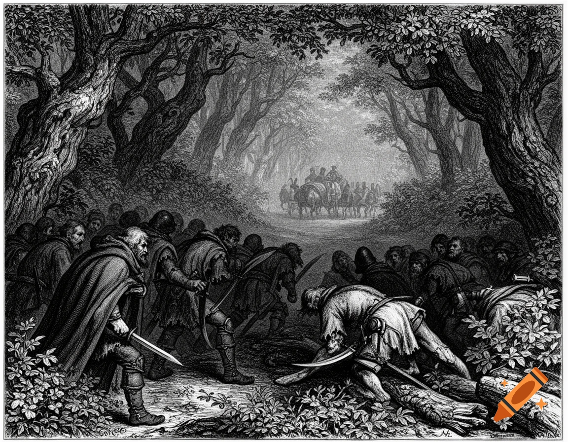 A black and white medieval engraving depicts an ambush in a dense forest, with armed robbers emerging from the trees to attack a group on horseback.