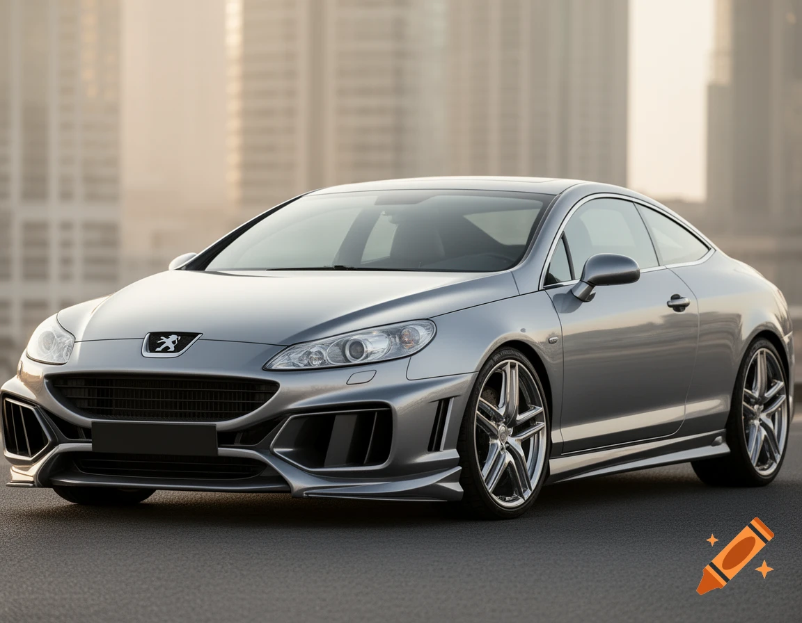 A silver Peugeot 407 Coupe with an aggressive front bumper and custom alloy wheels, professionally photographed outdoors against a blurred city skyline.