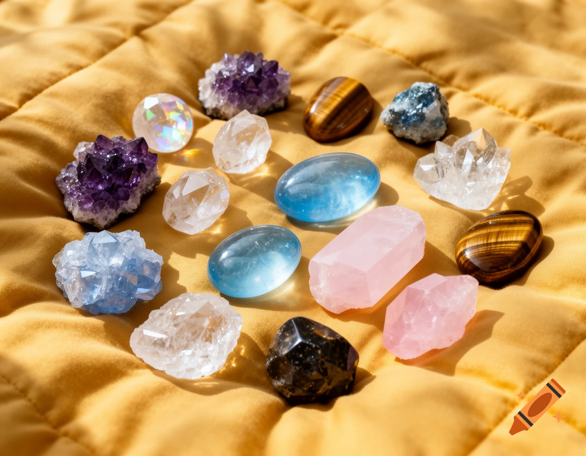 An array of various colorful crystal stones, including amethyst and rose quartz, displayed on a yellow quilted fabric.
