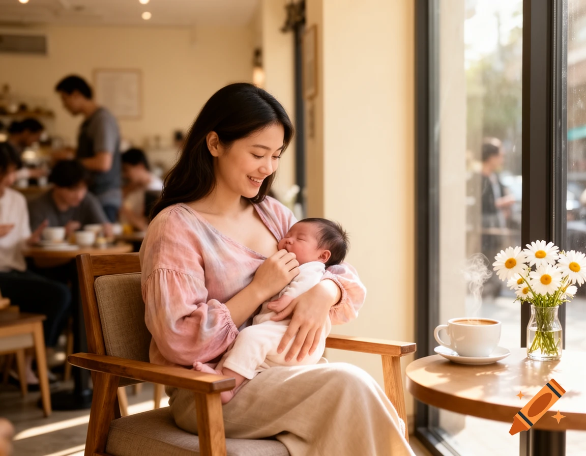 Young woman gently breastfeeds her baby in a sunny cafe, with a cup of coffee and daisies on the table.