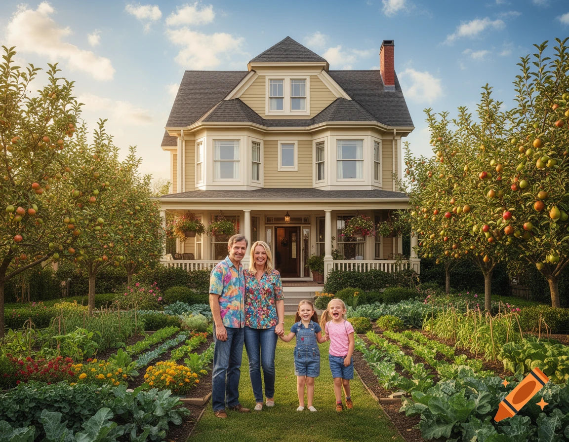 A smiling family stands in front of a large house with a vegetable garden and fruit trees on a sunny day.