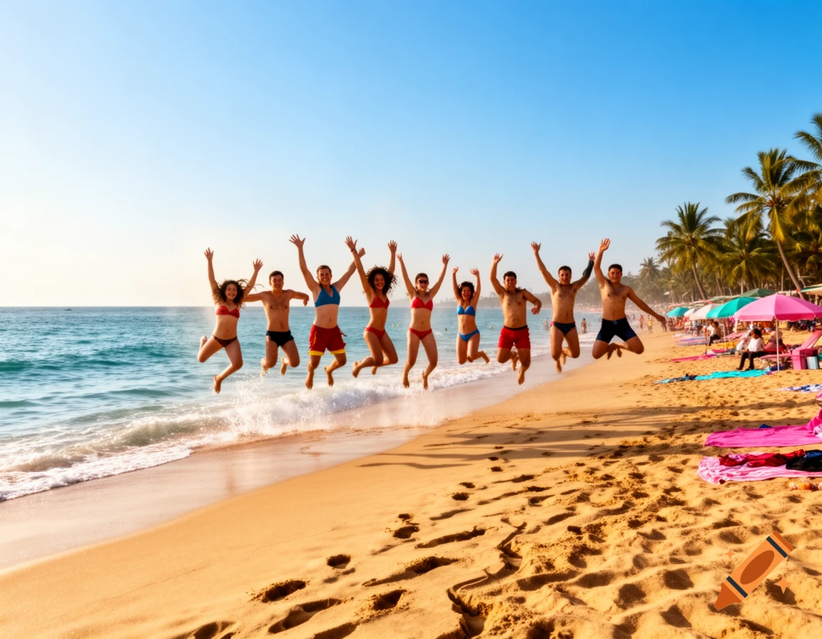 A group of young people jump with arms raised on a sunny beach with the ocean, palm trees, and beach umbrellas in the background.