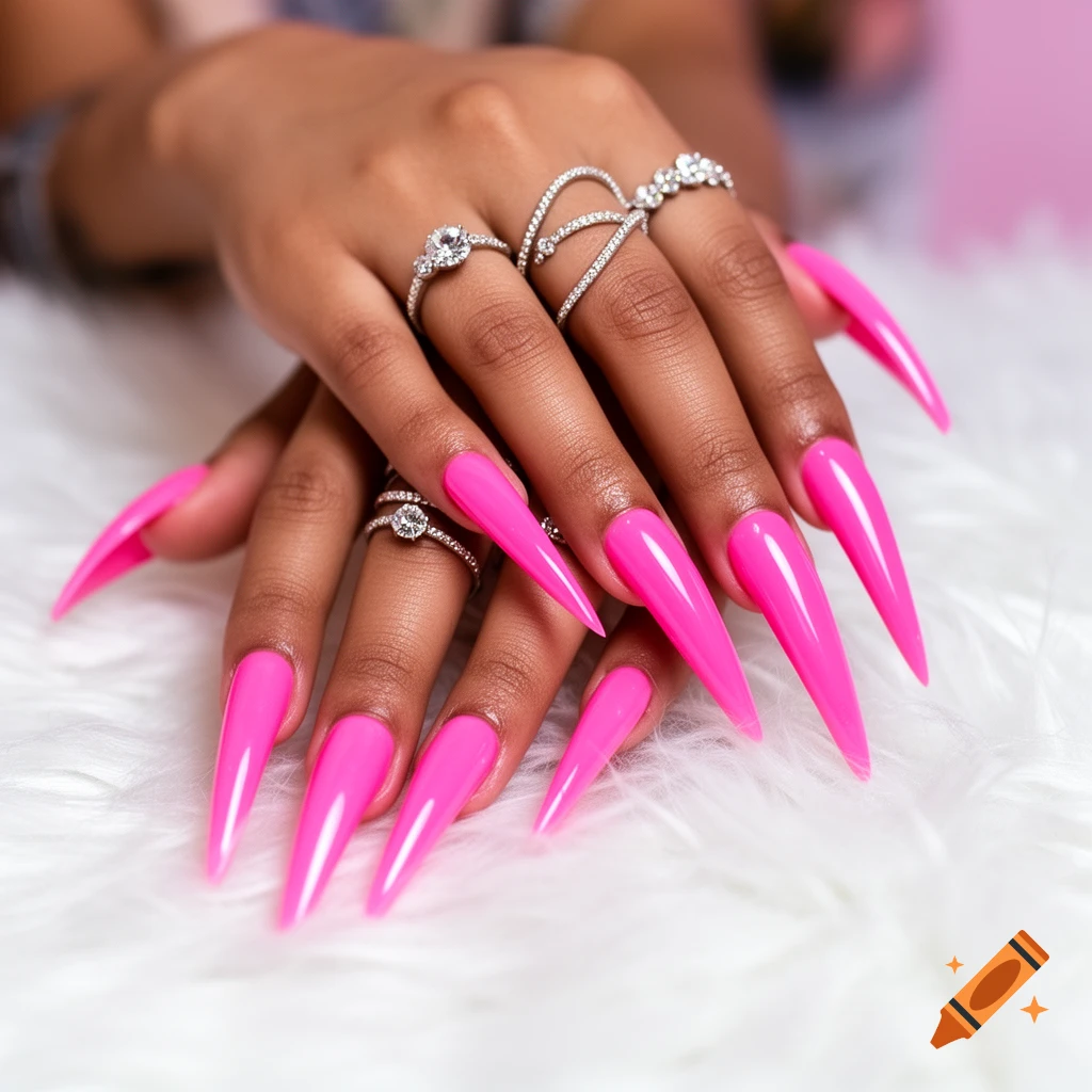 Close-up of dark-skinned hands with several diamond rings and long, sharp neon pink stiletto nails, resting on a white fluffy surface.