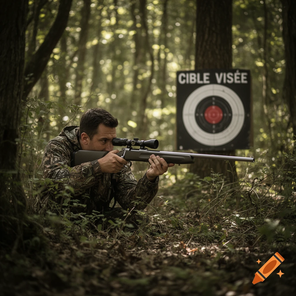 A man in camouflage aims a rifle with a scope at a target board in a forest.