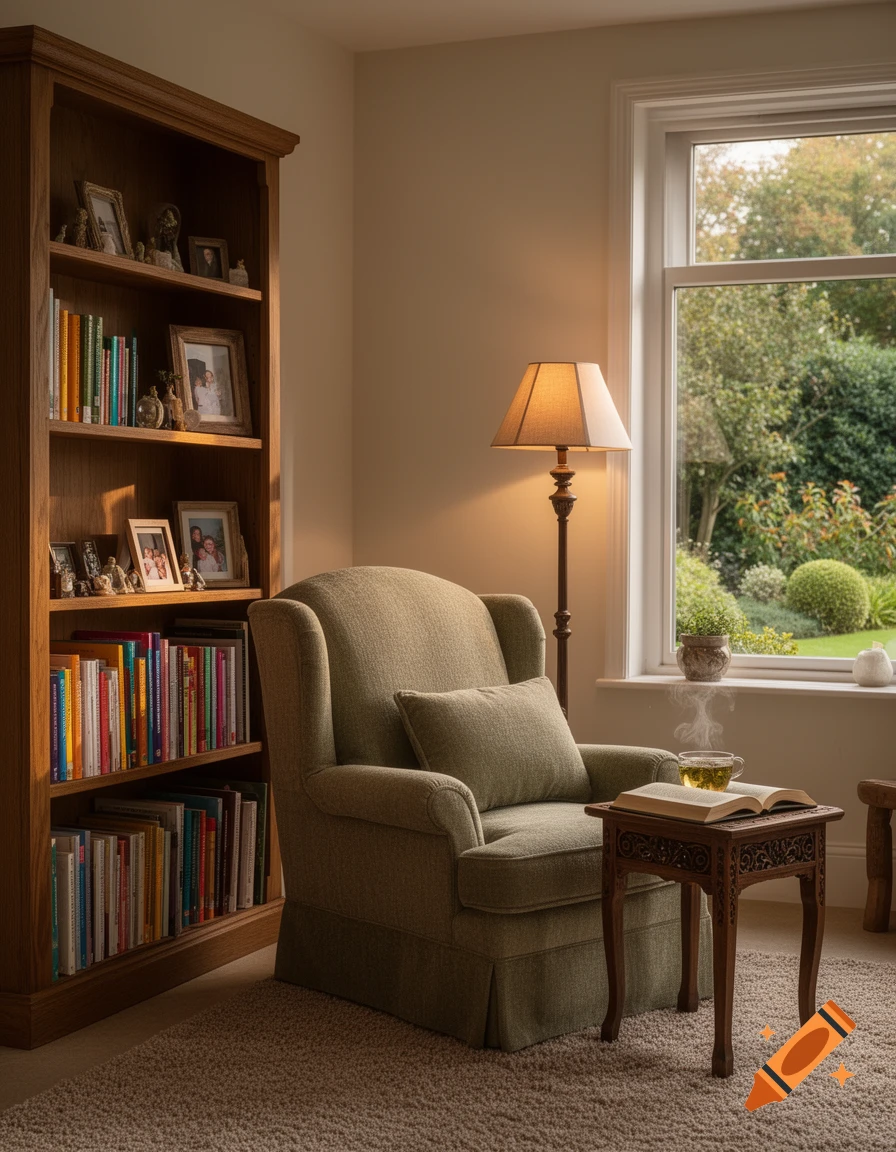 A cozy living room with a large wooden bookshelf filled with books, a plush green armchair, a floor lamp, and a small carved wooden table with an open book and a steaming cup of tea next to a window overlooking a garden.
