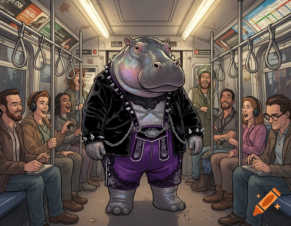 A Goth-dressed hippopotamus stands in a New York City subway car, surrounded by smiling, curious passengers in an illustrated style.