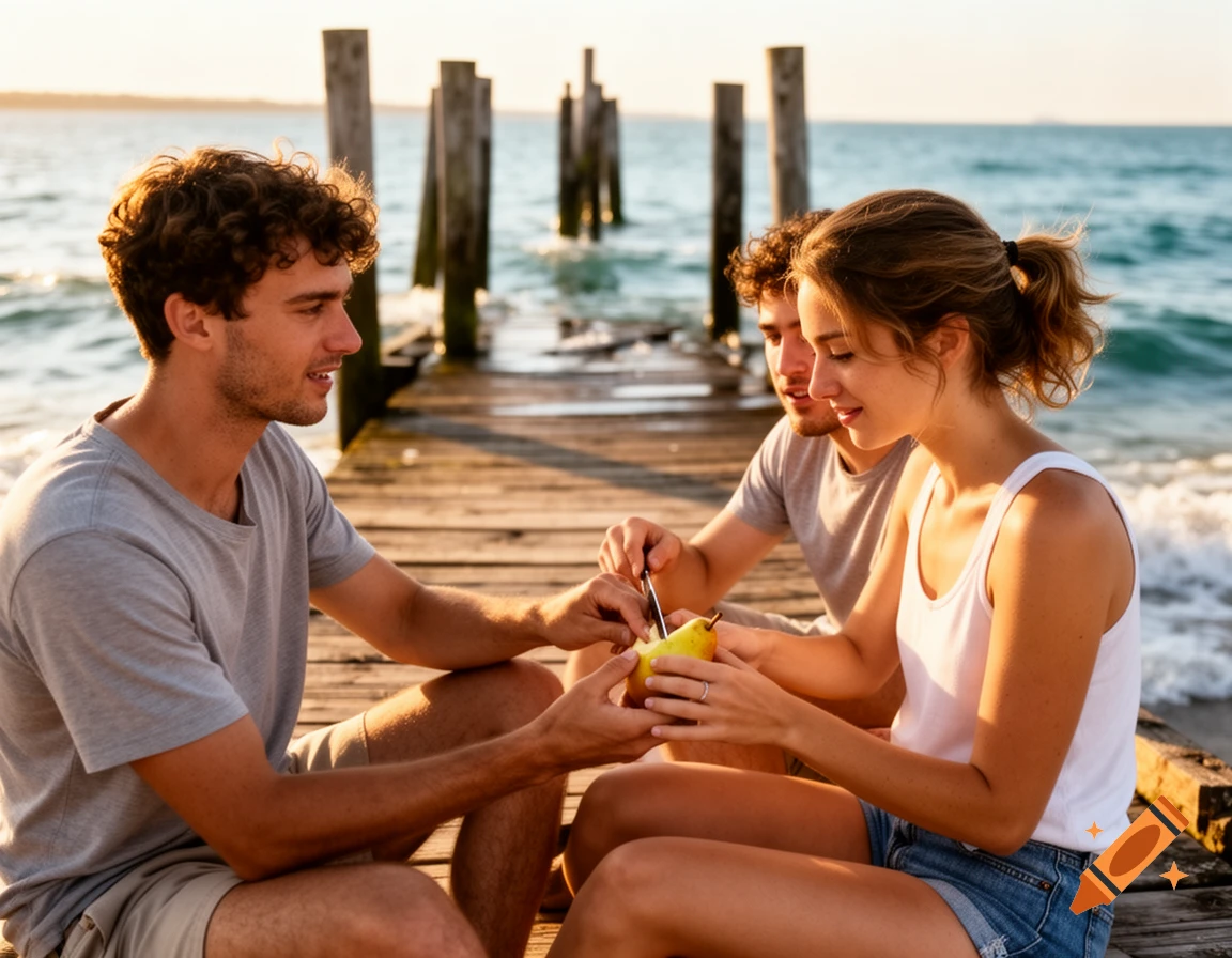 Three young adults sitting on a wooden pier by the ocean at sunset, one peeling a pear.