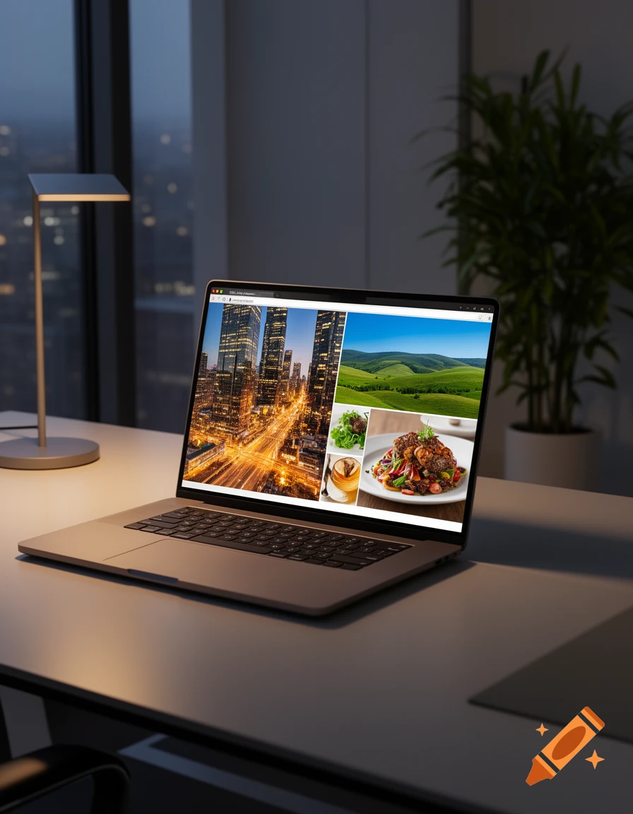 A photorealistic laptop on an office desk at night, displaying a collage of city, nature, and food images, with a city skyline visible outside the window.