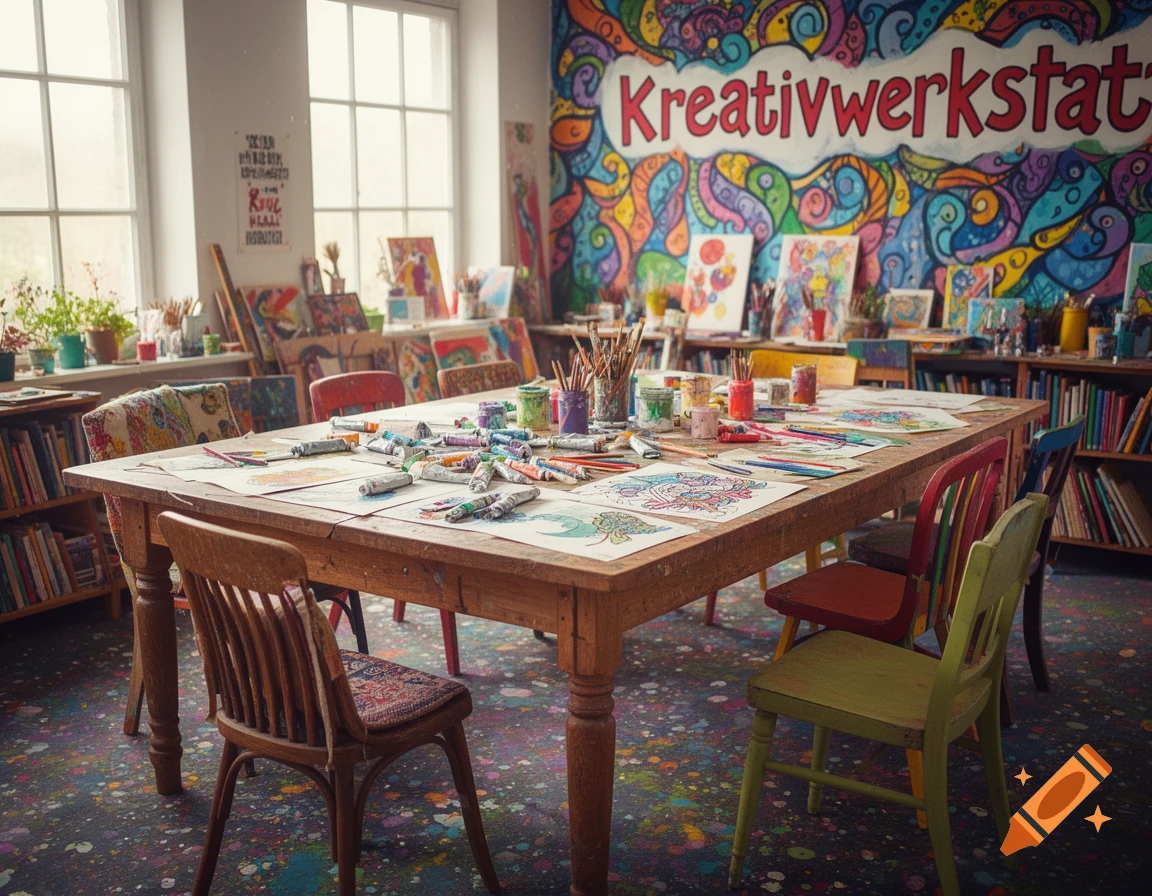 A vibrant art studio with a large wooden table covered in paint tubes, brushes, and artworks, surrounded by colorful chairs and a wall mural that reads "Kreativwerkstatt".