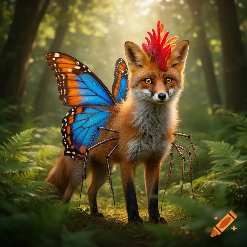 A photorealistic fox with vibrant blue butterfly wings, a red chicken comb, and spiky spider legs stands in a sunlit forest.
