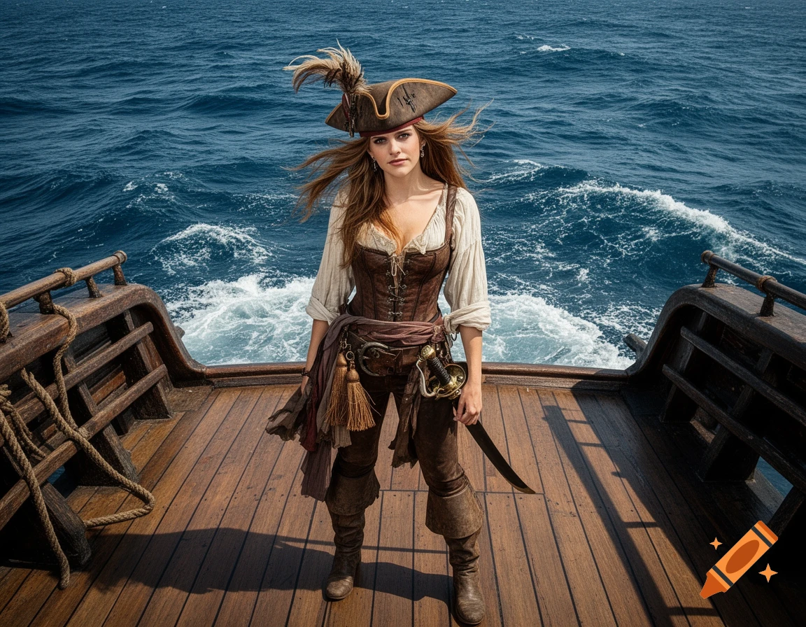 A female pirate in a brown corset and hat stands on a wooden ship deck, holding a sword, with rough blue ocean behind her.