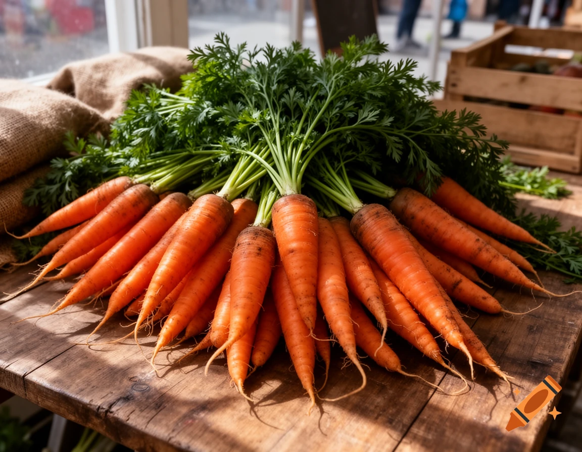 A large pile of fresh, vibrant orange carrots with green leafy tops on a rustic wooden table.
