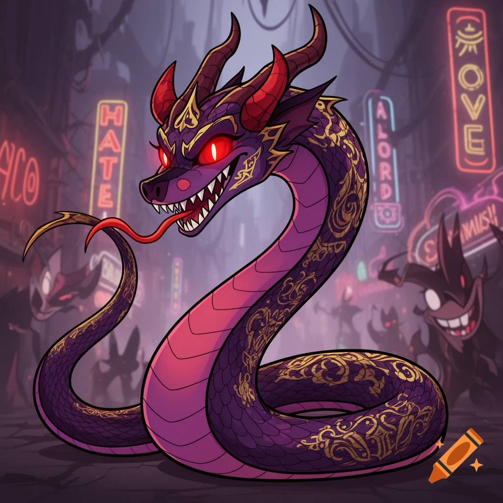 A stylized purple and gold snake demon with red eyes and horns, its tongue extended, stands in a dark urban alley with neon signs in the background.